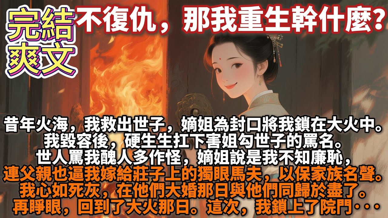 完結重生復仇文：不復仇，那我重生幹什麼？將謝昭救出火場後，嫡姐為封口將我鎖在大火中。容貌盡毀，我擔下謀害嫡姐、勾引世子的罵名。世人罵我醜人多作怪，嫡姐說是我不知廉恥，連父親也逼我嫁給莊子上的獨眼馬夫