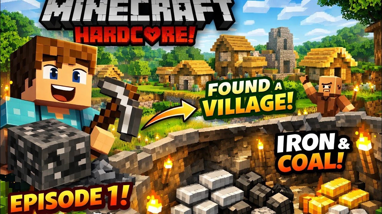 Minecraft Hardcore EP 1 – Village Found + Iron & Coal Luck! 🍀
