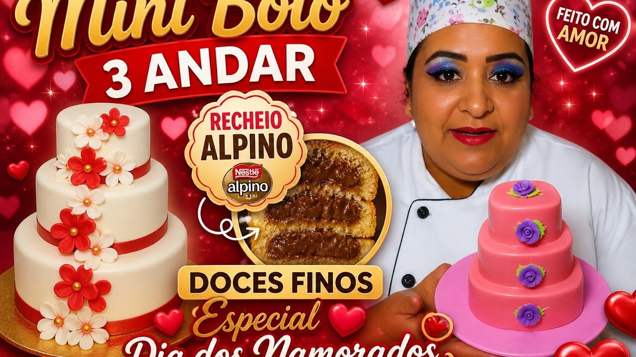 Mini bolo 3 andar  recheio alpino doces finos faça dias dos namorados