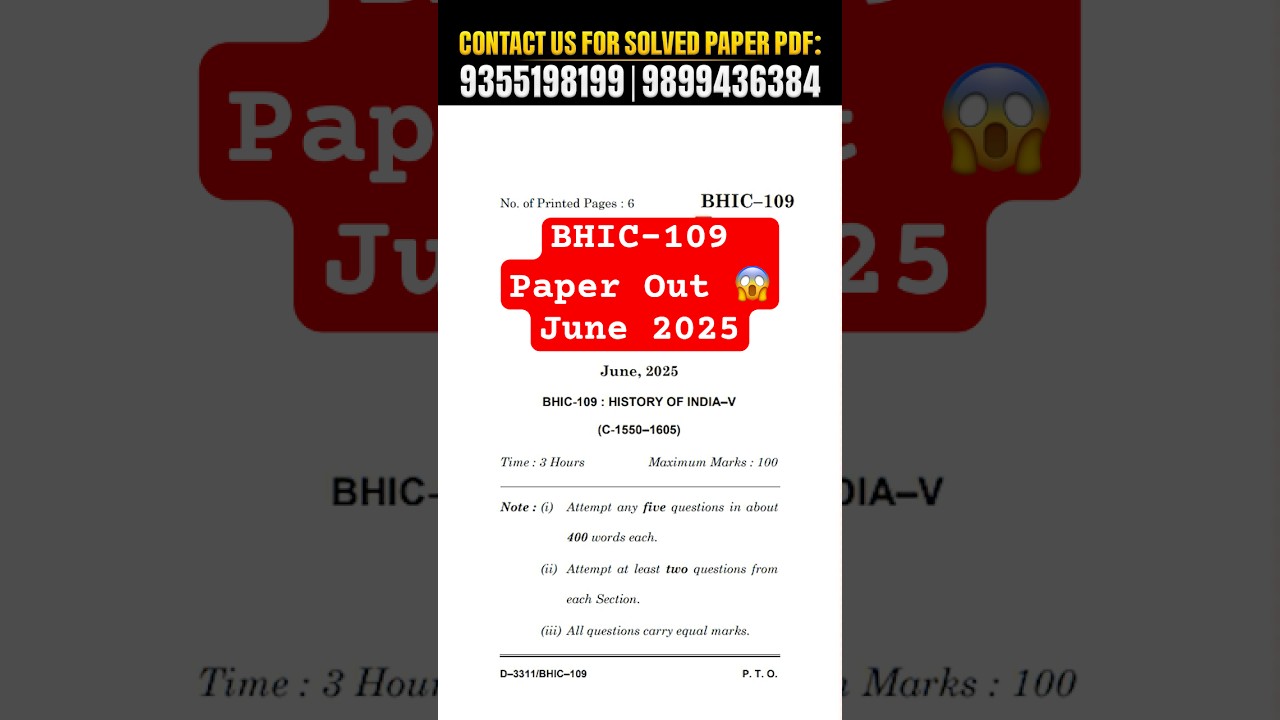 BHIC 109 Question Paper June 2025 Solved | History of India BHIC 109 Important Questions in English