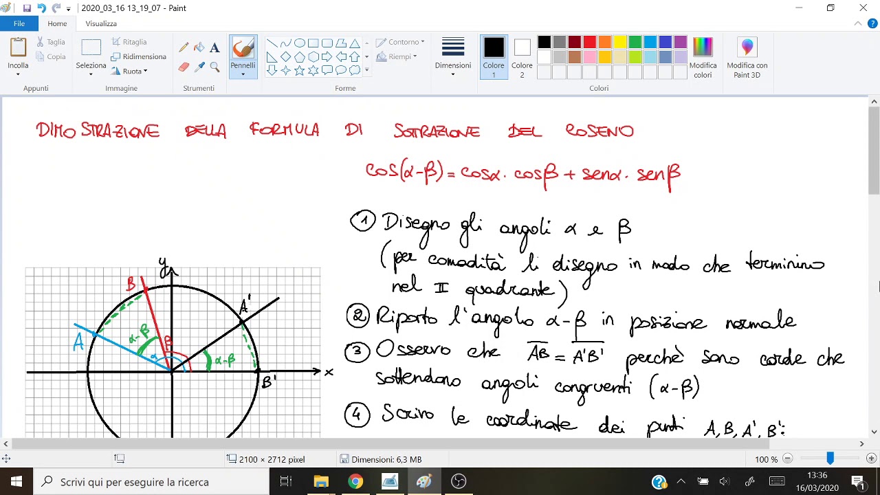 dimostrazione della formula di sottrazione del coseno