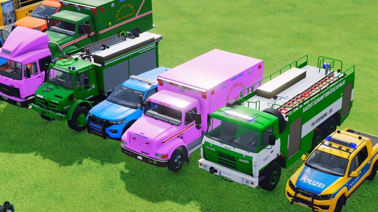 transporting police cars, ambulance, fire truck, colorful car beamng.drive game farming simulator 22
