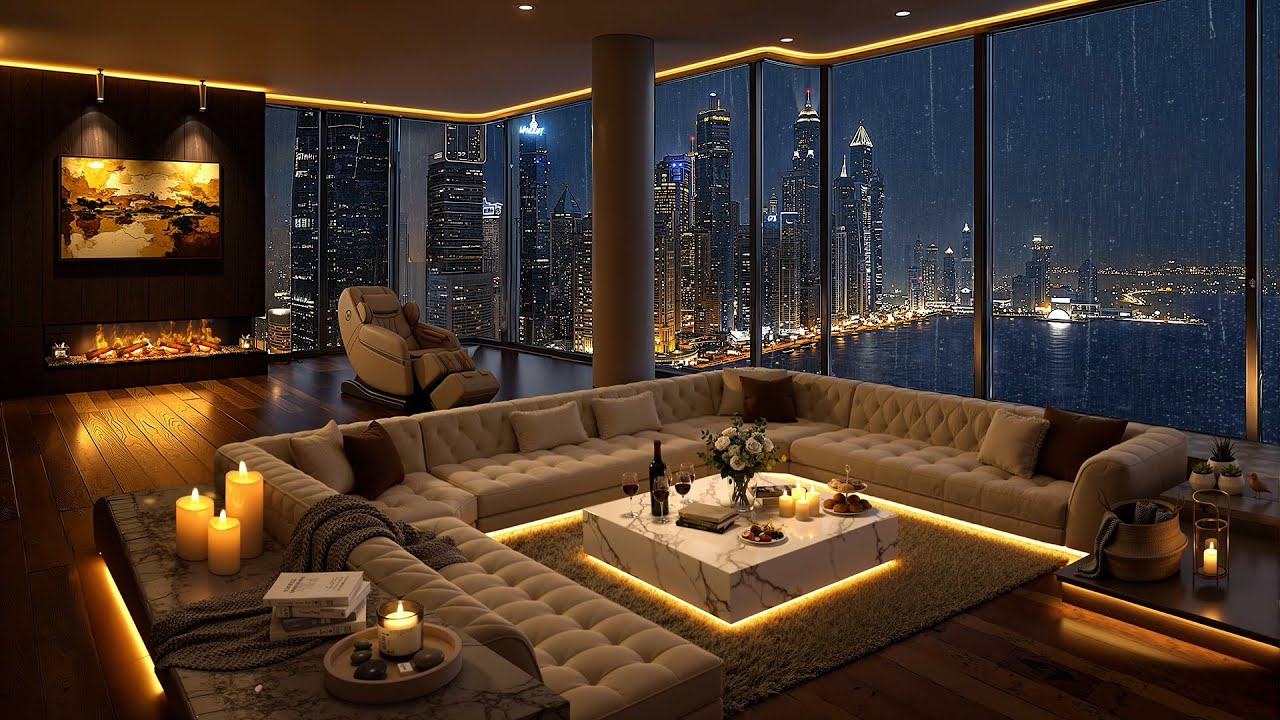 Night Jazz in a Luxury Riverside Apartment 🌃 Relaxing Jazz Music & Smooth Rain Sounds for Focus