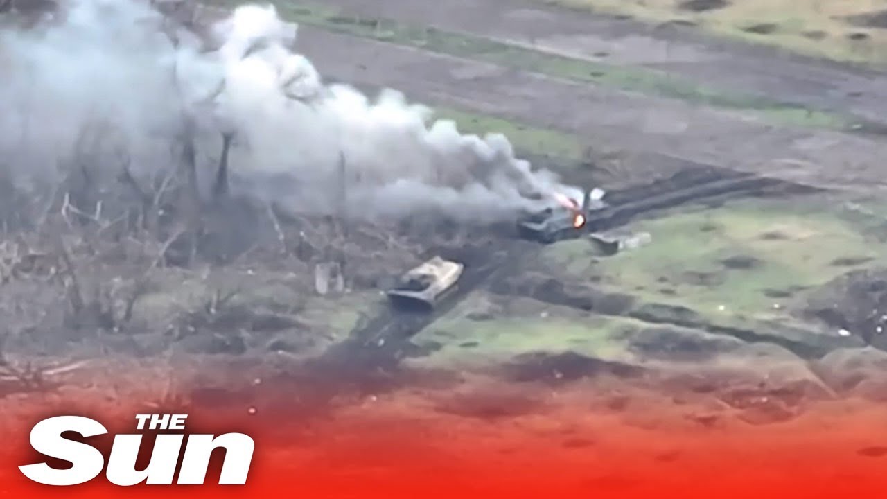 Russian soldiers flee as Ukrainian forces obliterate row of armoured vehicles