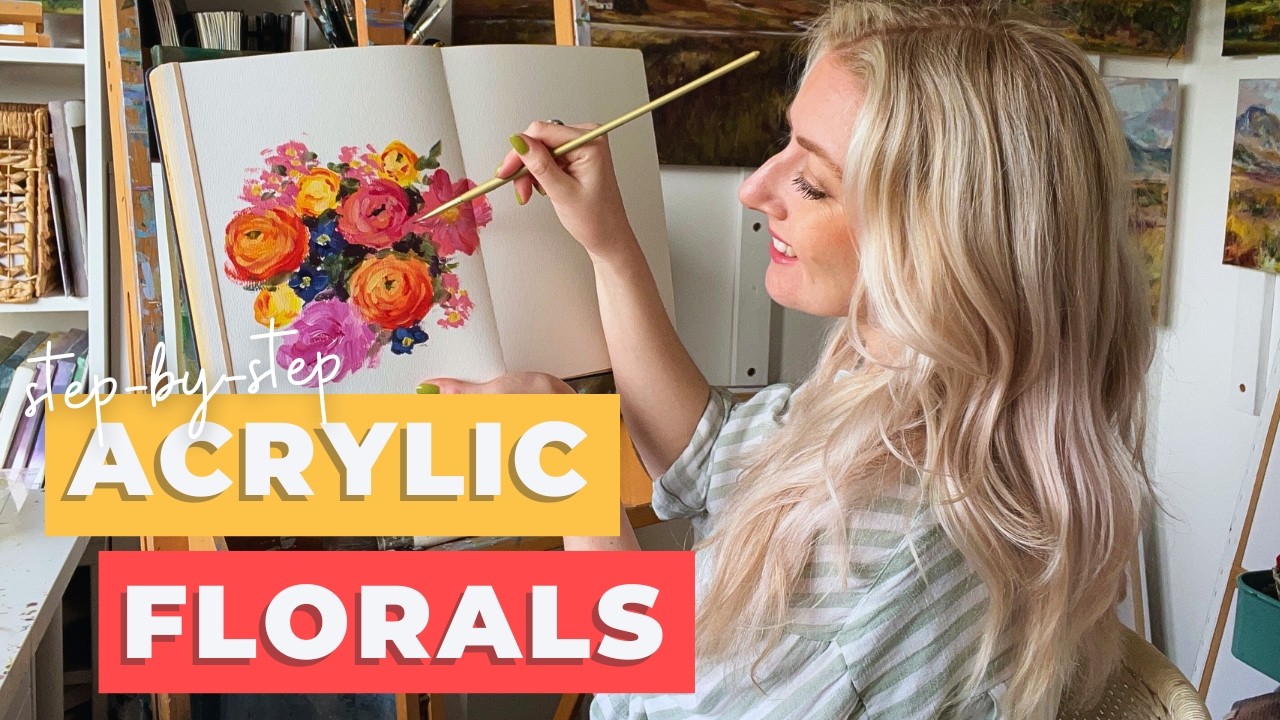 Easy Floral Acrylic Painting 🌸 Relaxing Sketchbook Tutorial (Beginner-Friendly)