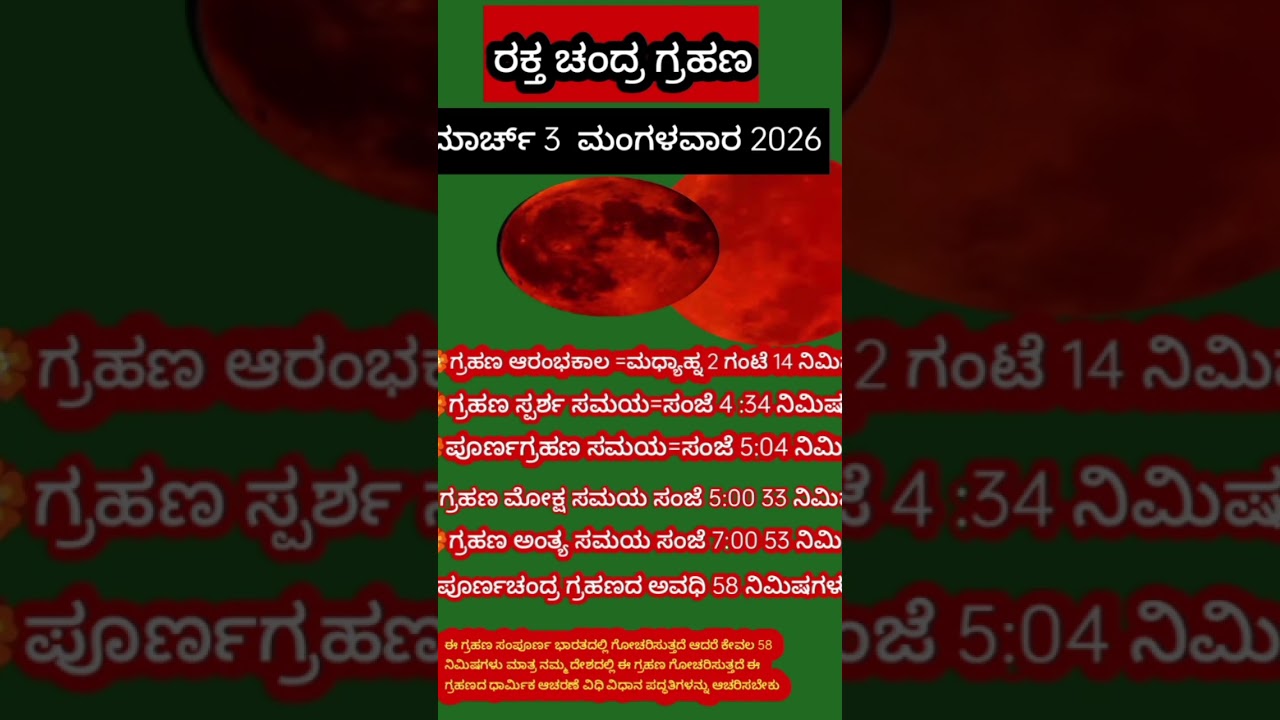ಮಾರ್ಚ್ 3 ಮಂಗಳವಾರ 2026 ರಕ್ತ ಚಂದ್ರಗ್ರಹಣ ಗ್ರಹಣದ ಆರಂಭ ಸ್ಪರ್ಶ ಮಧ್ಯಕಾಲ ಮೋಕ್ಷಕಾಲ ಪುಣ್ಯಕಾಲ