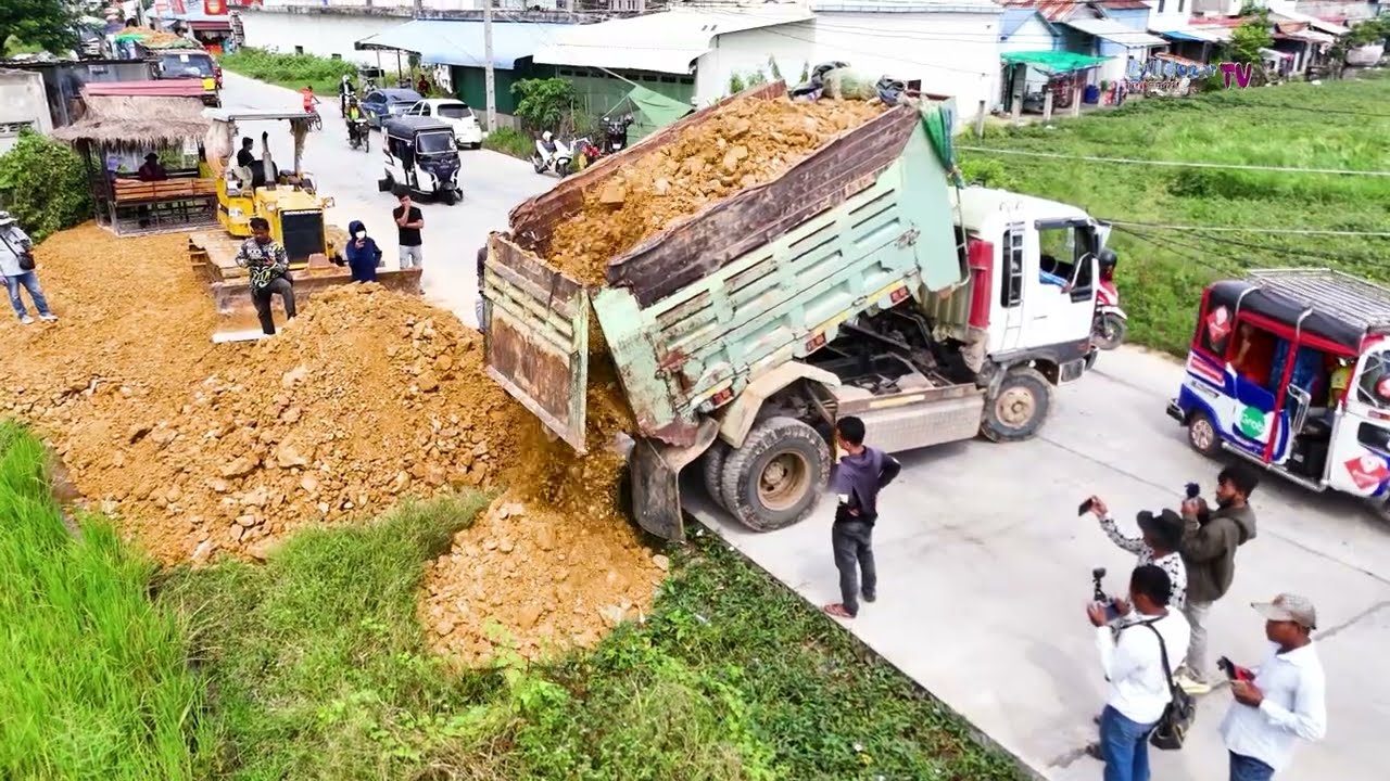 Perfectly Job! Extremely Skill Machine Dozer Push Soil With Team Work Trucks Dumping