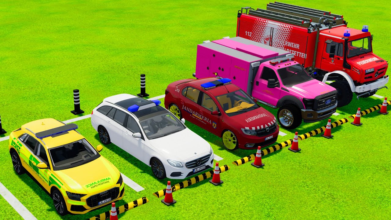 AUDI, DACIA, BMW POLICE CARS & FIRE DEPARTMENT VEHICLES TRANSPORTING WITH MAN TRUCKS ! FS22