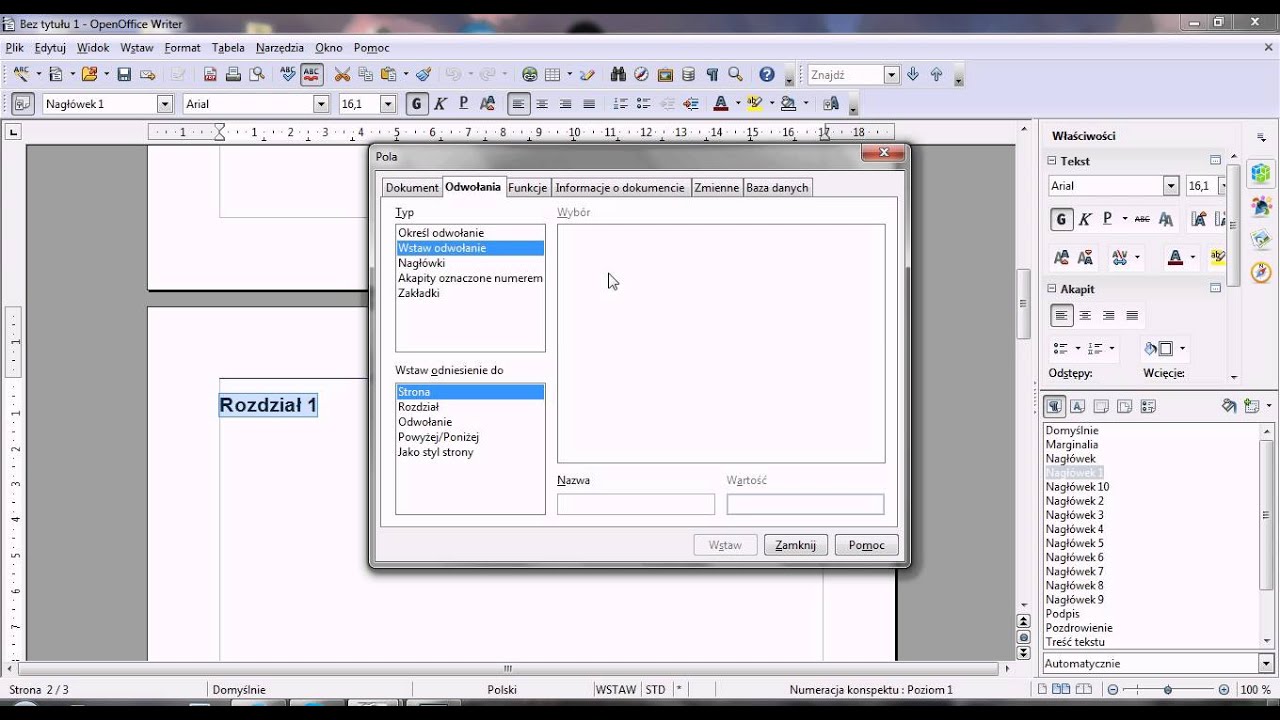 Spis treści jako odnośnikii  w OpenOffice Writer
