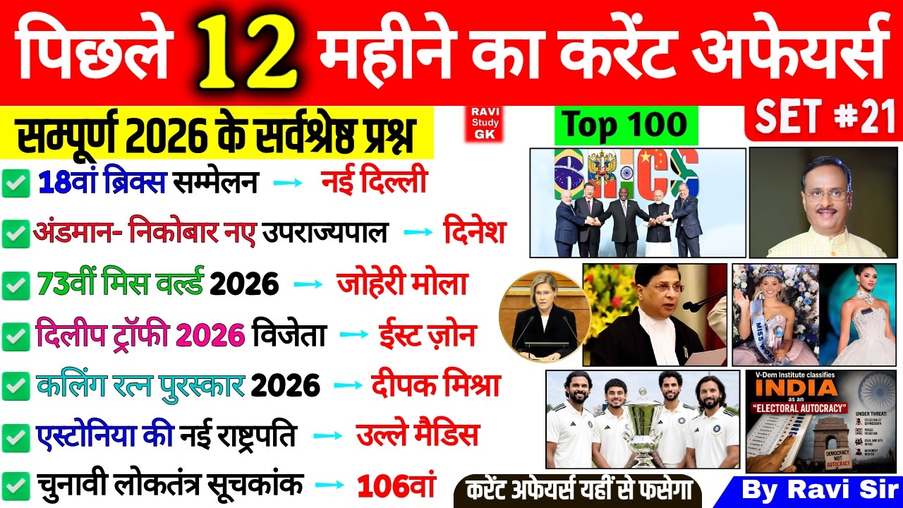 Last 12 Months Current Affairs 2026 | January 2026 to September 2026 | Imp ssc cgl bpsc railway