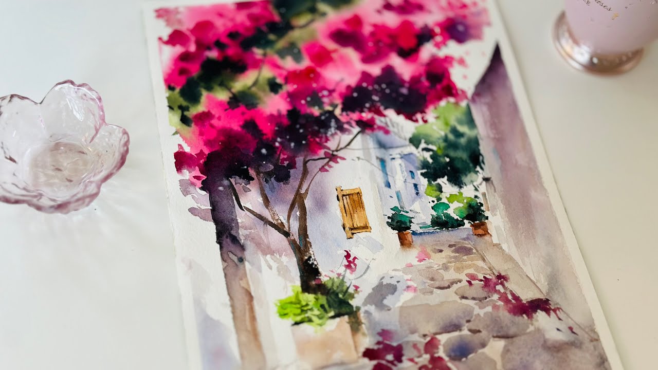 Blooming Bougainvillea Street - Watercolor Painting