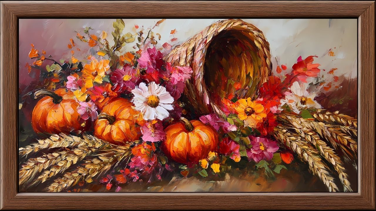 Autumn Cornucopia Oil Painting | Harvest Flowers, Wheat & Pumpkins | 4K Frame TV Art