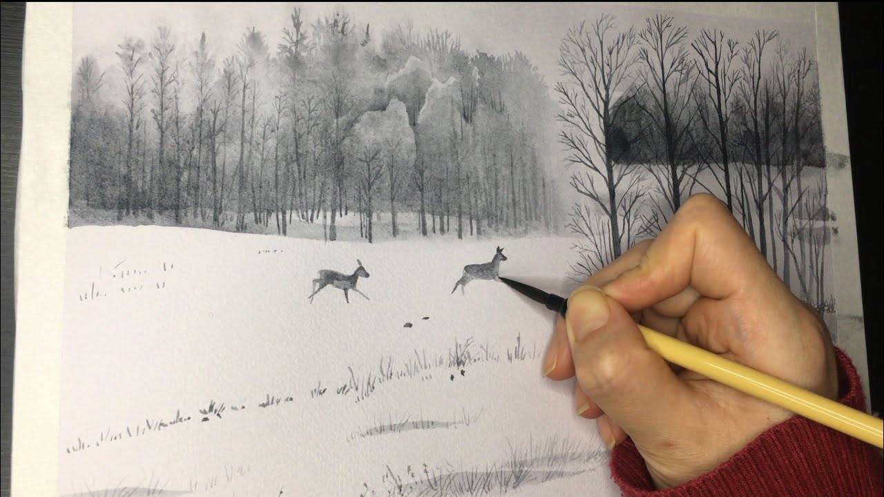 🎨水彩画雪地里奔跑的小鹿🦌/Watercolor painting of two fawns running in the snow❄️