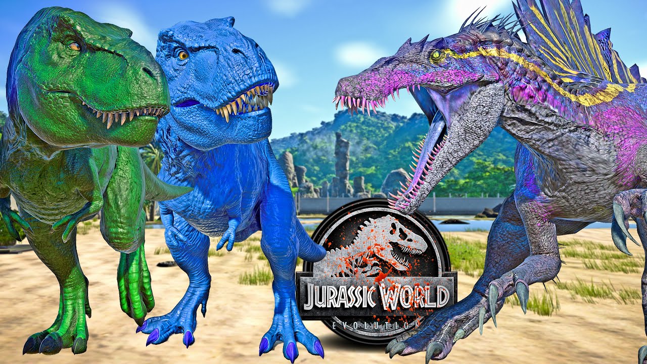 Colorful T-REX Team vs I-REX, King Shark, Inspinedoraptor Dinosaurs Fight 🌍 JURASSIC WORLD EVOLUTION