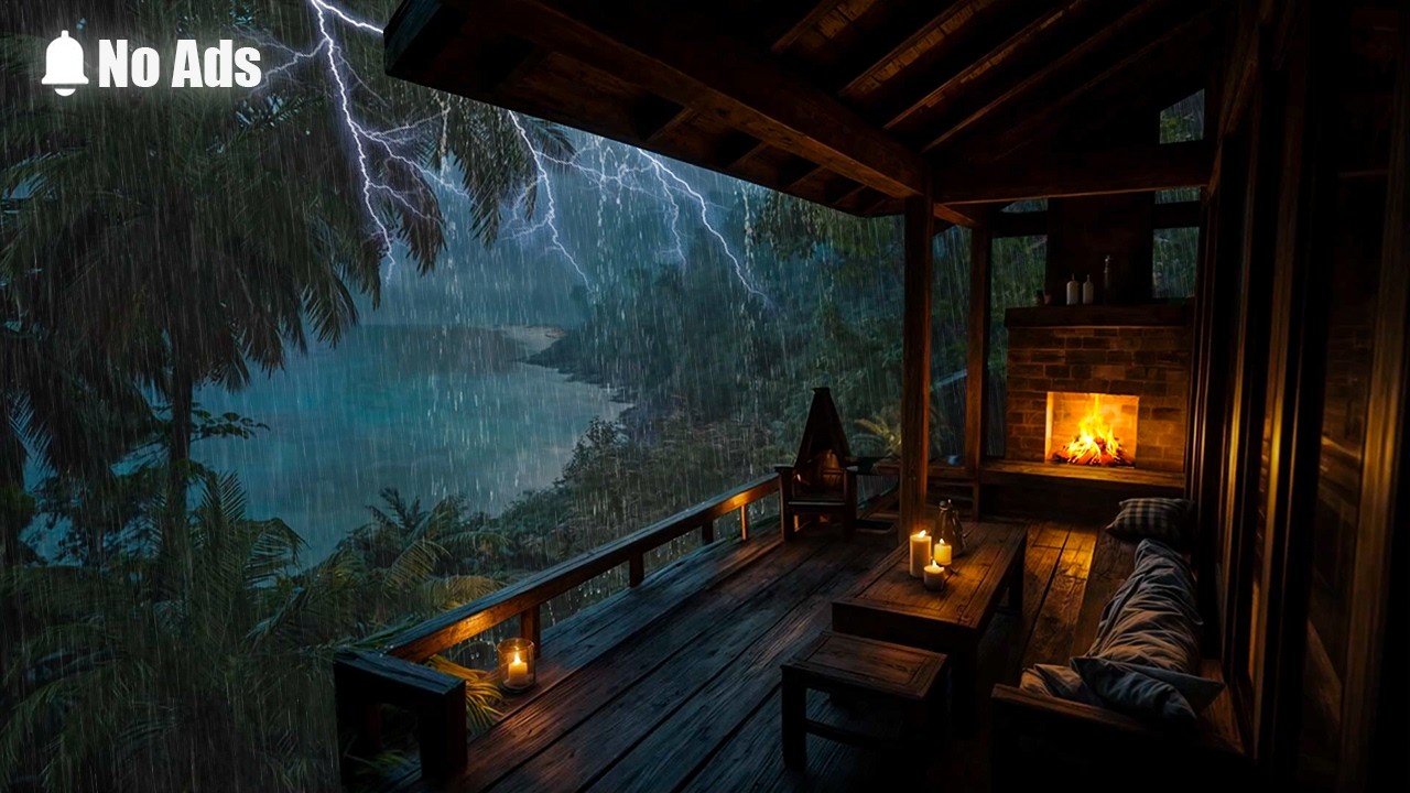 NO ADS | Seaside Porch Thunderstorm ⛈️ Distant Thunder,Relaxing Rain & Crackling Fire for Deep Sleep