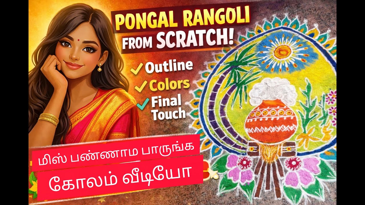 Pongal Rangoli | Outline முதல் Final Touch வரை | Very Satisfying - கண்டிப்பா பிடிக்கும் 😍