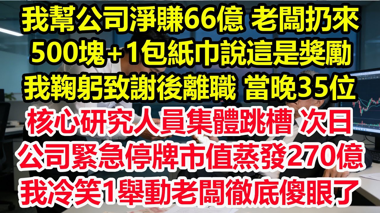 我幫公司淨賺66億，老闆扔來500塊+1包紙巾說這是獎勵，我鞠躬致謝後離職，當晚35位核心研究人員集體跳槽，次日公司緊急停牌市值蒸發270億，我冷笑1舉動老闆徹底傻眼了！#爽文 #職場 #生活 #總裁