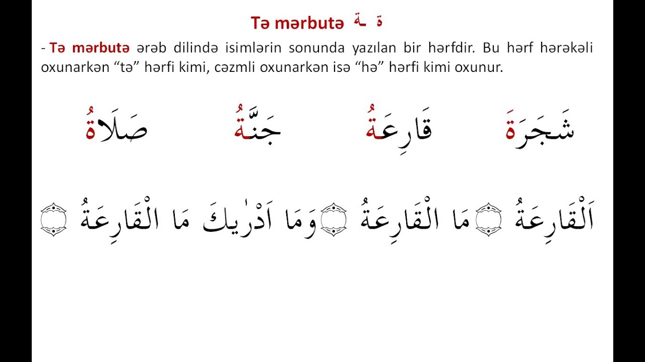 Ərəb Dili Əlifbası / 22-ci dərs / Tə mərbutə