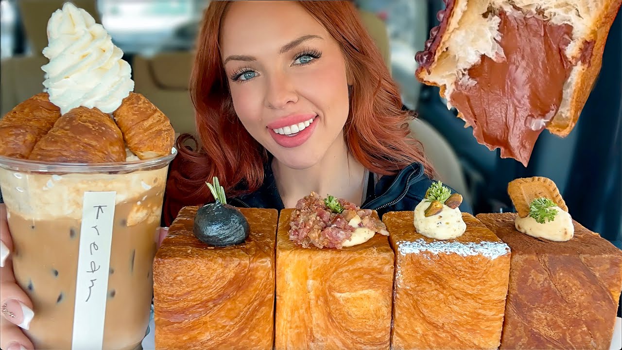 ASMR MUKBANG, Viral TikTok Dessert, Cube Croissant, Pistachio Cream Filling, Earl Grey Latte 먹방