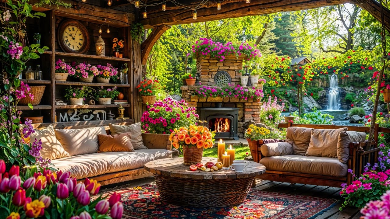 Dreamy Garden Escape 🌸☕ Cozy Jazz & Fireplace Ambience for Focus, Relax & Inner Peace