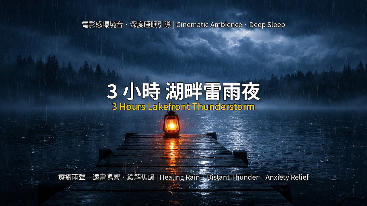 3 小時深夜湖畔雷雨：極致悶雷與深度睡眠白噪音 | 3 Hours Deep Sleep Thunderstorm: Lake Rain & Distant Rumbling