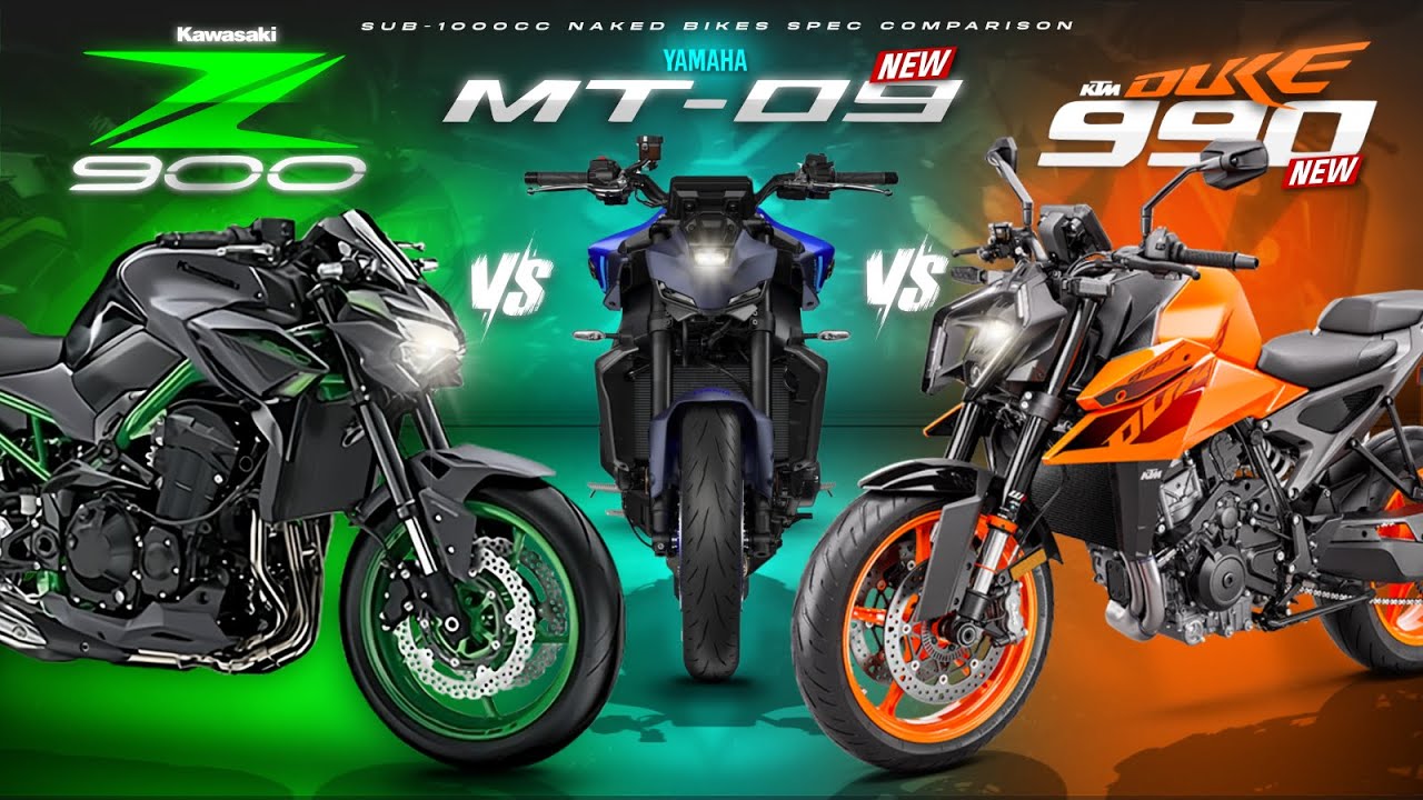 Лучшие мотоциклы Naked 900 2024 года: сравнение характеристик ┃ Kawasaki Z900, Yamaha MT-09 и KTM...