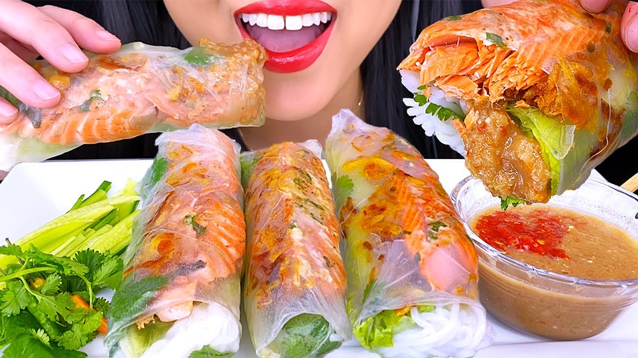 ASMR SALMON SPRING ROLLS | Cooking and Eating Show | ASMR Phan
