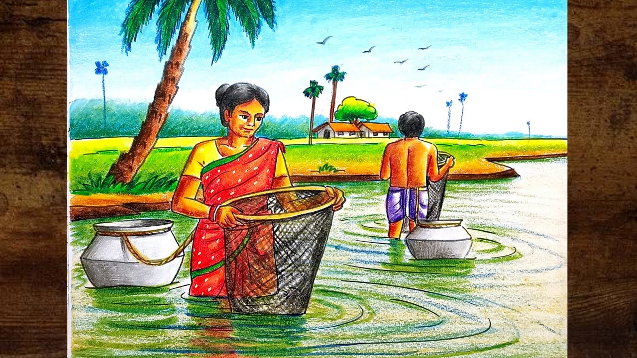 Village fishing scenery drawing step by step/Village working women drawing