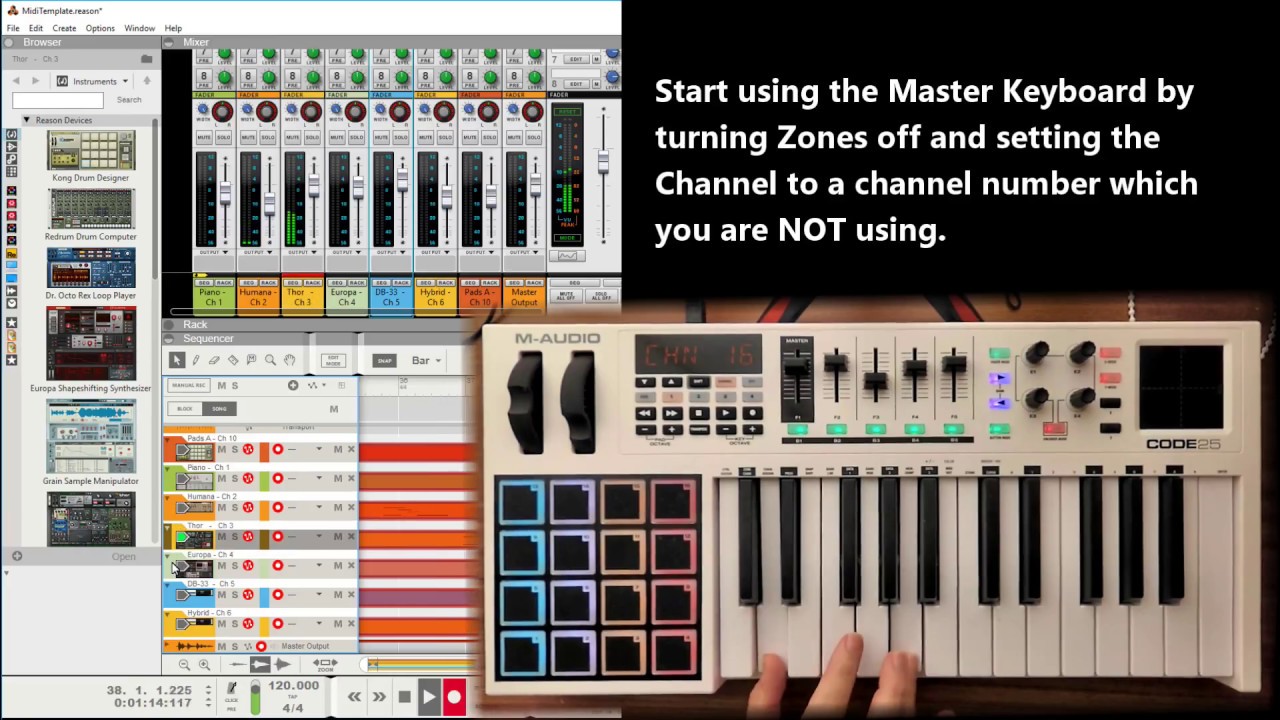M-Audio Code: MIDI Multi-Channel and Zone Setup in Reason 10 (Win 10)