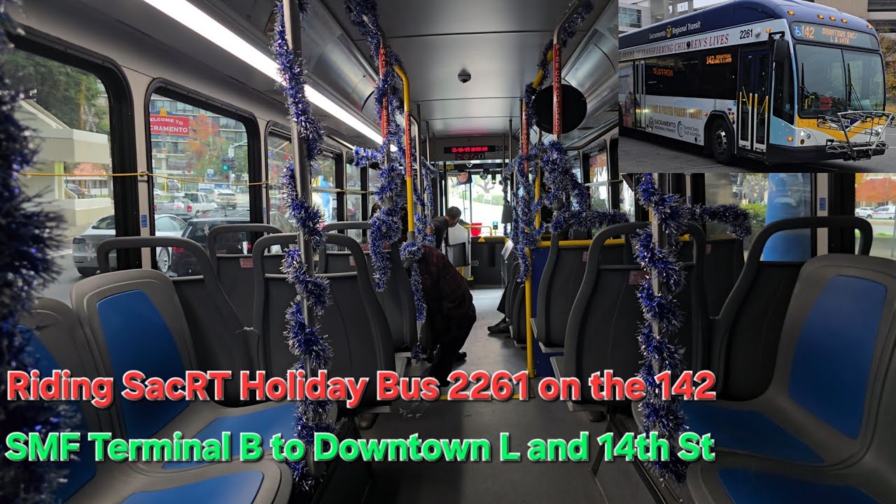 Riding the SacRT Holiday Bus 2261 from SMF Terminal B to Downtown Sacramento on the 142