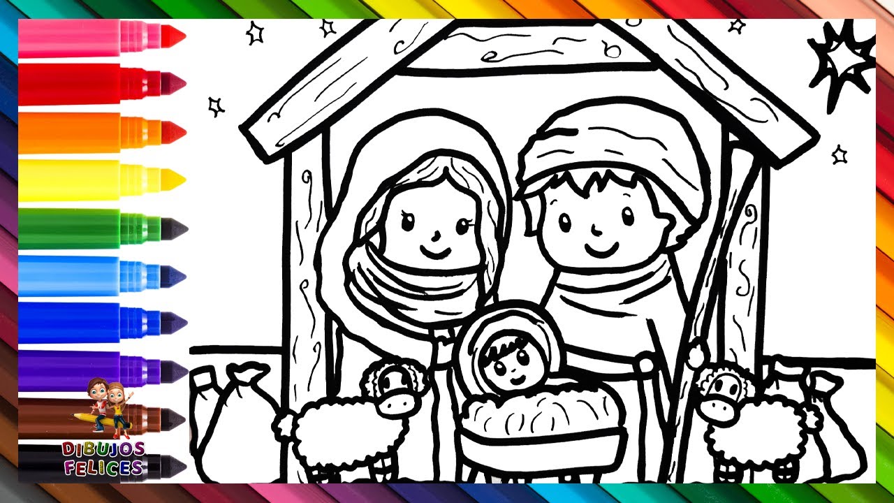 Dibuja y Colorea Una Escena De Navidad 👼👨‍👩‍👦🌟🐑🎁🌈 Dibujos Navideños Para Niños