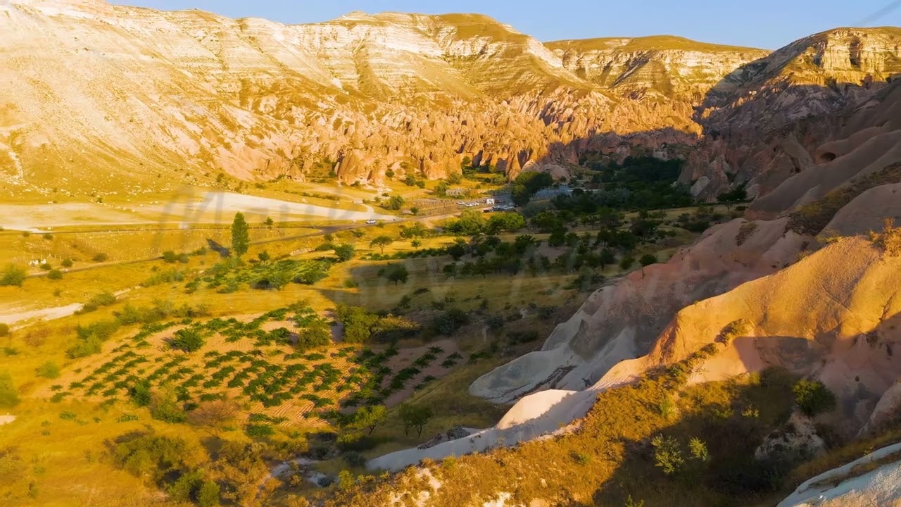 Dolly zoom. Goreme, Nevsehir, Turkey. Aerial view of Zelve Open Air Museum and Zelve Vadisi with ...
