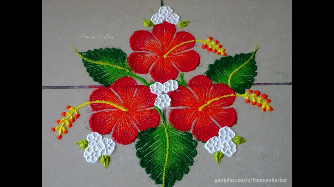 Easy Hibiscus flower rangoli | Easy rangoli designs by Poonam Borkar