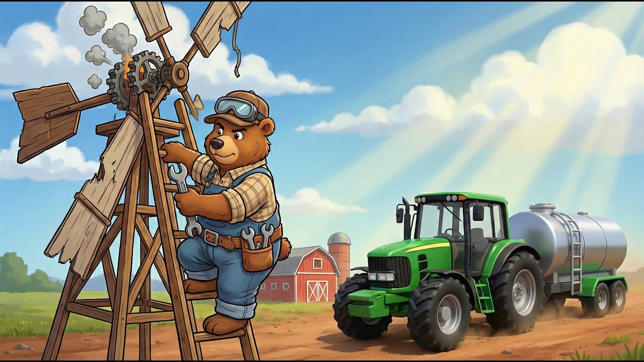 Farm Work: Bear Farmer Drives BIG Blue Milk Truck & Fixes Windmill! 🚜 Trucks for Kids