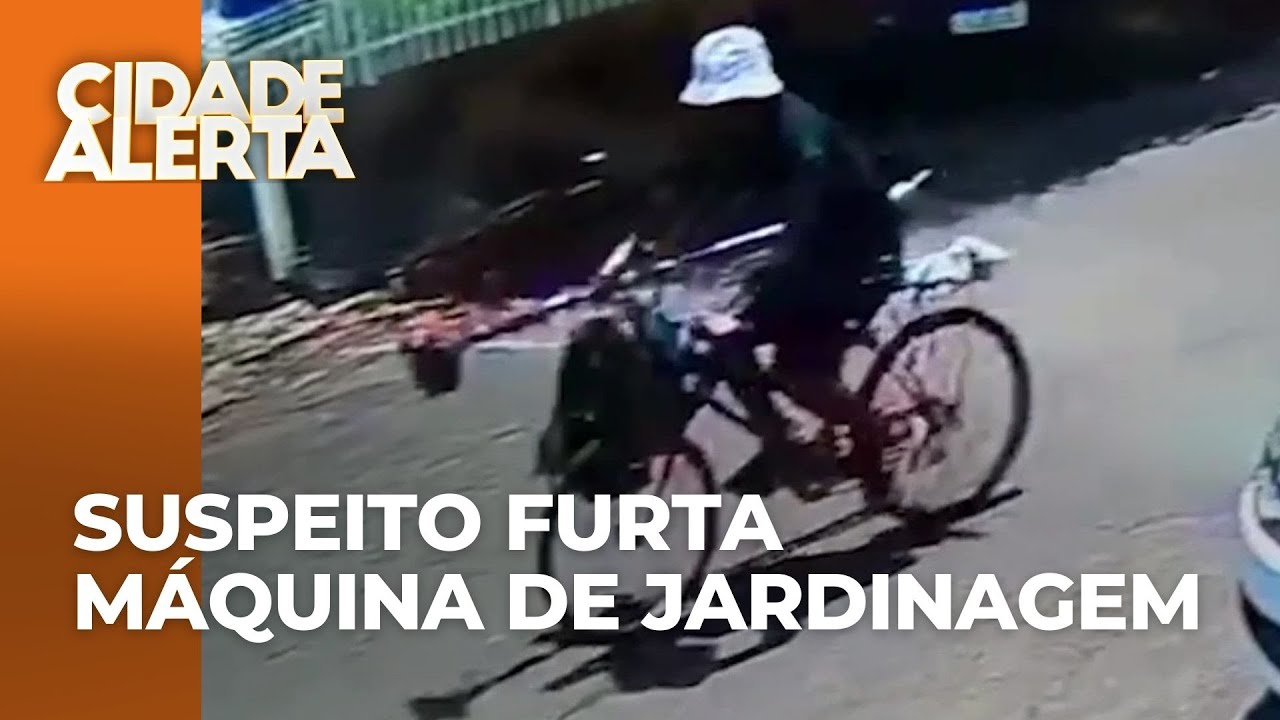 Câmera flagrou furto de máquina de jardinagem, no PR; suspeito pegou e saiu na bike
