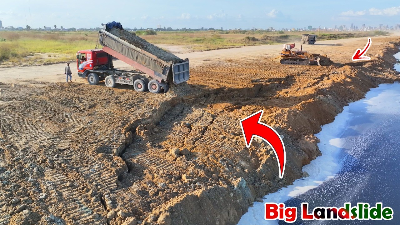 Wow!! So Amazing! Komatsu D53P Dozer Get hard work to moving the trash in deep pond & resize road