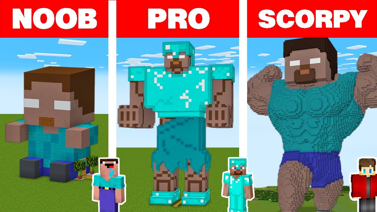 Minecraft NOOB vs PRO vs SCORPY: HEROBRINE STATUE HOUSE BUILD CHALLENGE in Minecraft Animation