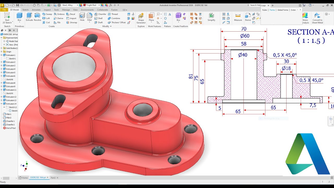 Autodesk Inventor Design Flanged  Bearing Block Exercise 164
