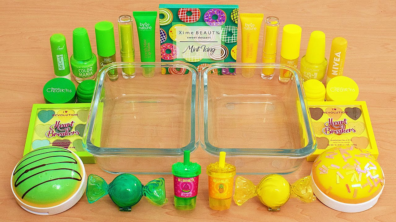 Green vs Yellow - Mixing Makeup Eyeshadow Into Slime ASMR