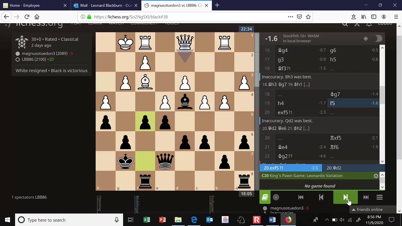 magnusotuedon3 (2089) v. LBB86 (2100) - King's Pawn Game: Leonardis Variation