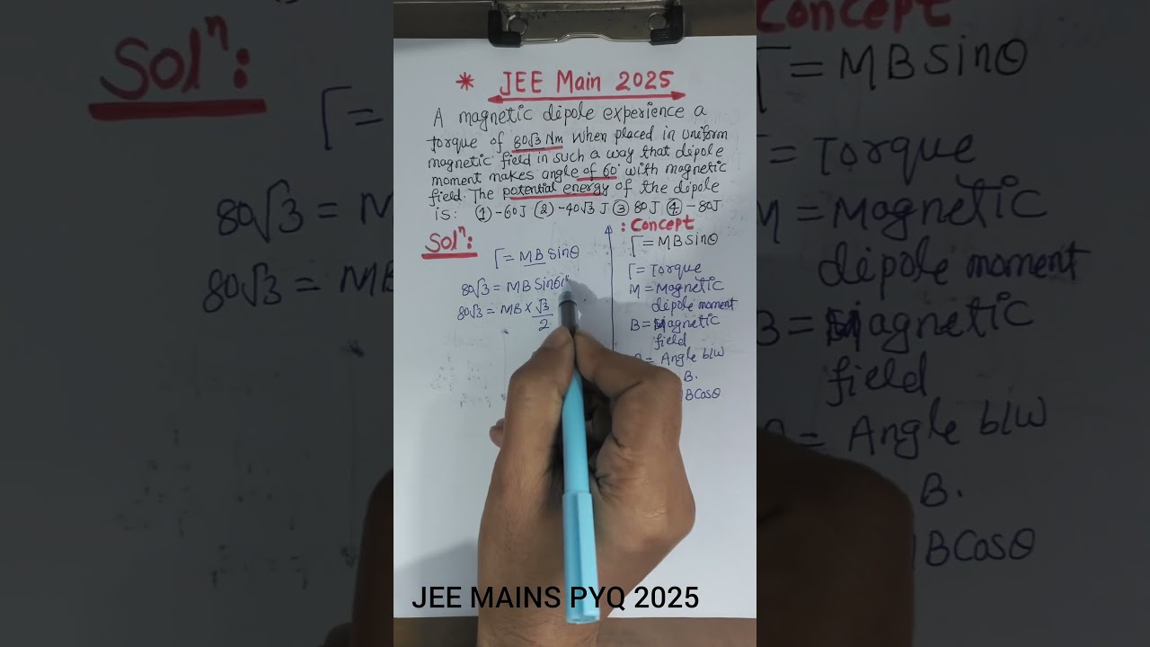 U = −mBcosθ 🔥 JEE Main PYQ | Magnetic Dipole