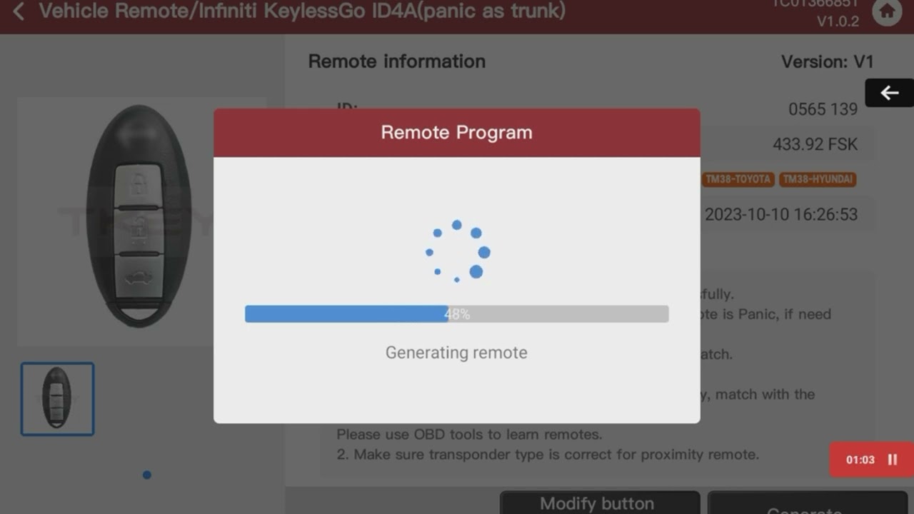 How to use Tkey 101 to generate Infiniti New remote key?