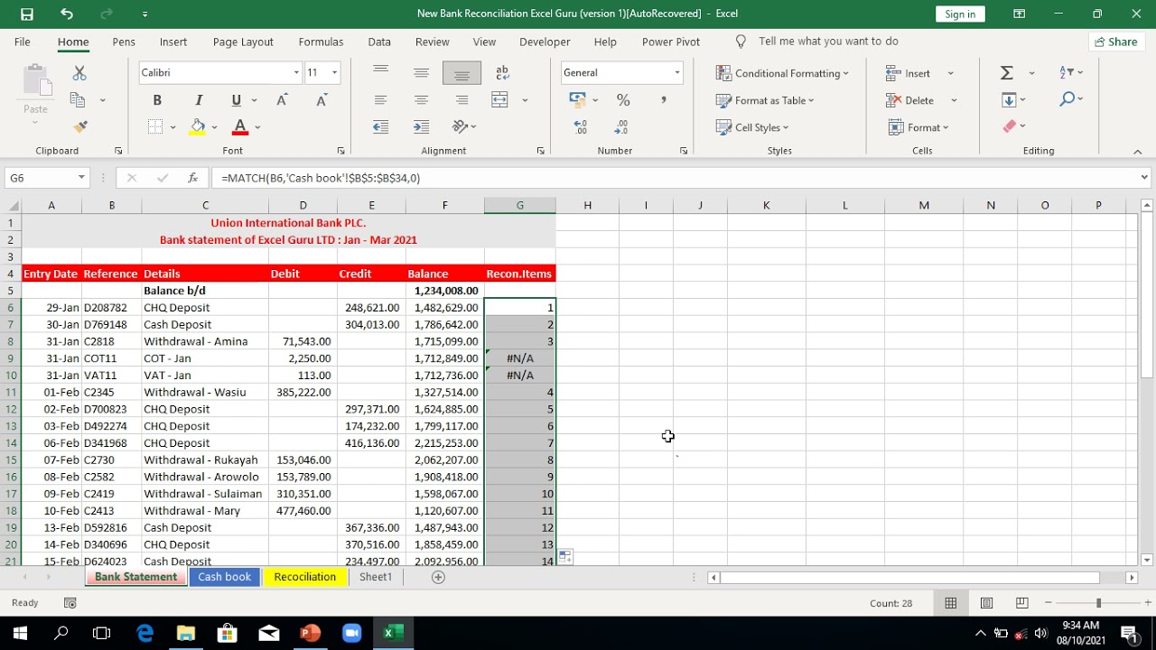 Bank Reconciliation with IfNa and Match Excel functions.#bankreconciliation #matchfunctioninexcel