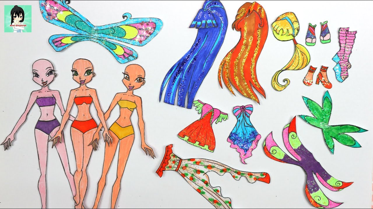 PAPER DOLL DRESSES GLITER PAINTING - WINX CLUB Papercraft DIY for girls