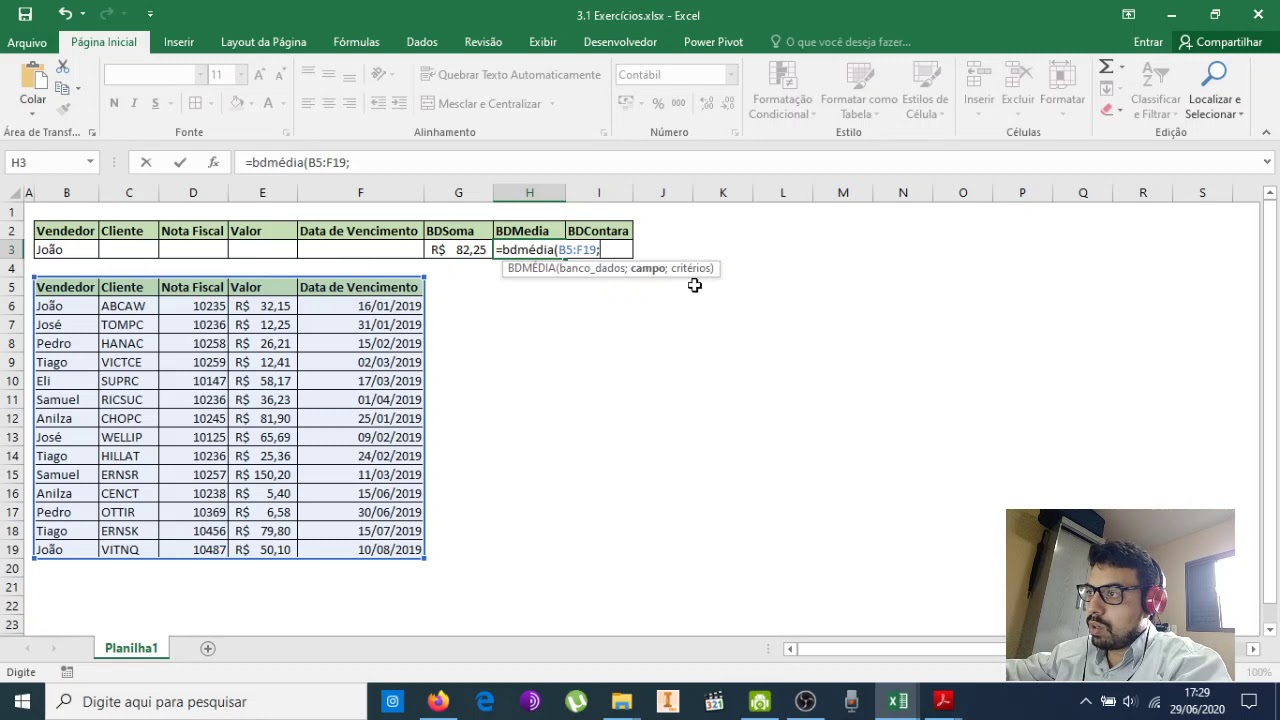 Excel - 9.1 Funções de Banco de Dados: Exercício BDSOMA, BDMÉDIA e BDCONTARA
