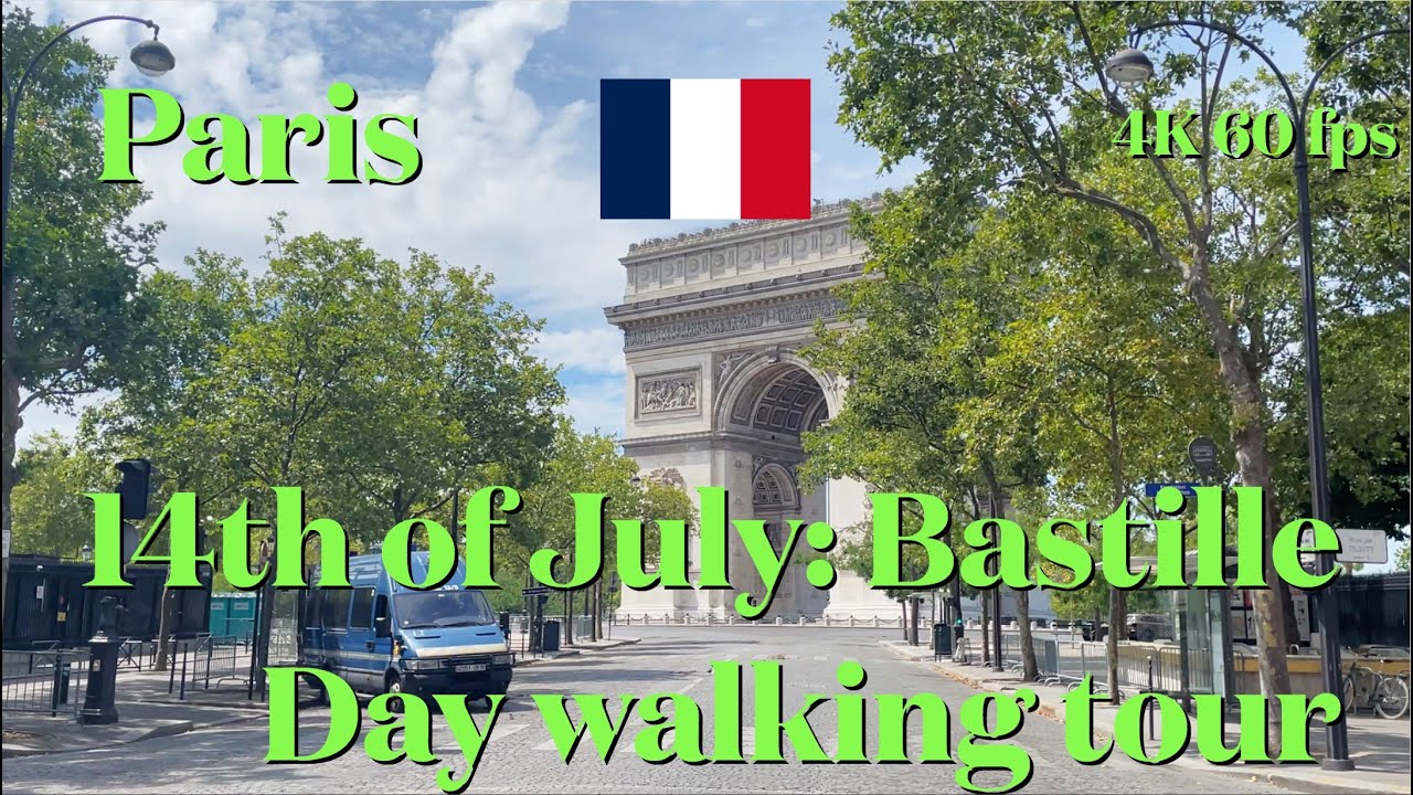 Paris Bastille Day walking tour 4K: from early parade at Champs Elysées to fireworks at Eiffel Tower