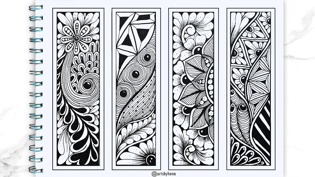 How To Draw Zentangle Art For Beginners | 4 Easy Zentangle Bookmark Design | Bookmark Ideas