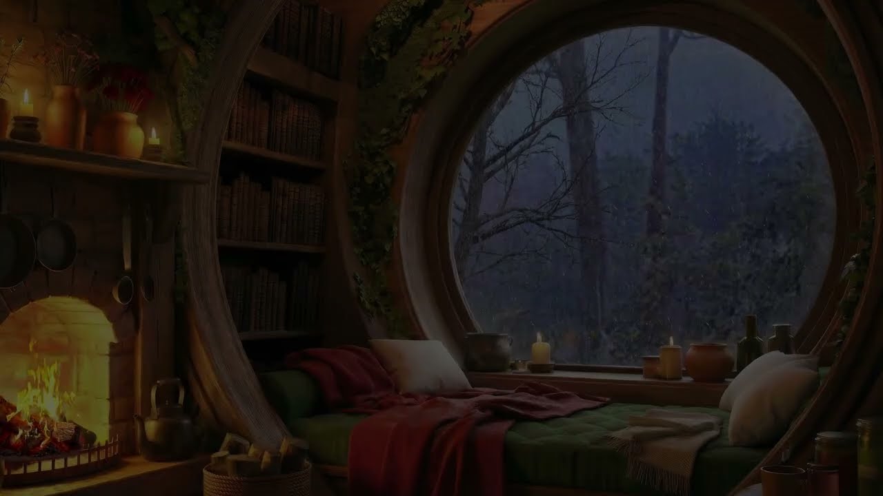 Warm Rainy Night &ndash; Cozy Window Nook, Fireplace & Rain Sounds | Deep Sleep, Relaxation Sounds
