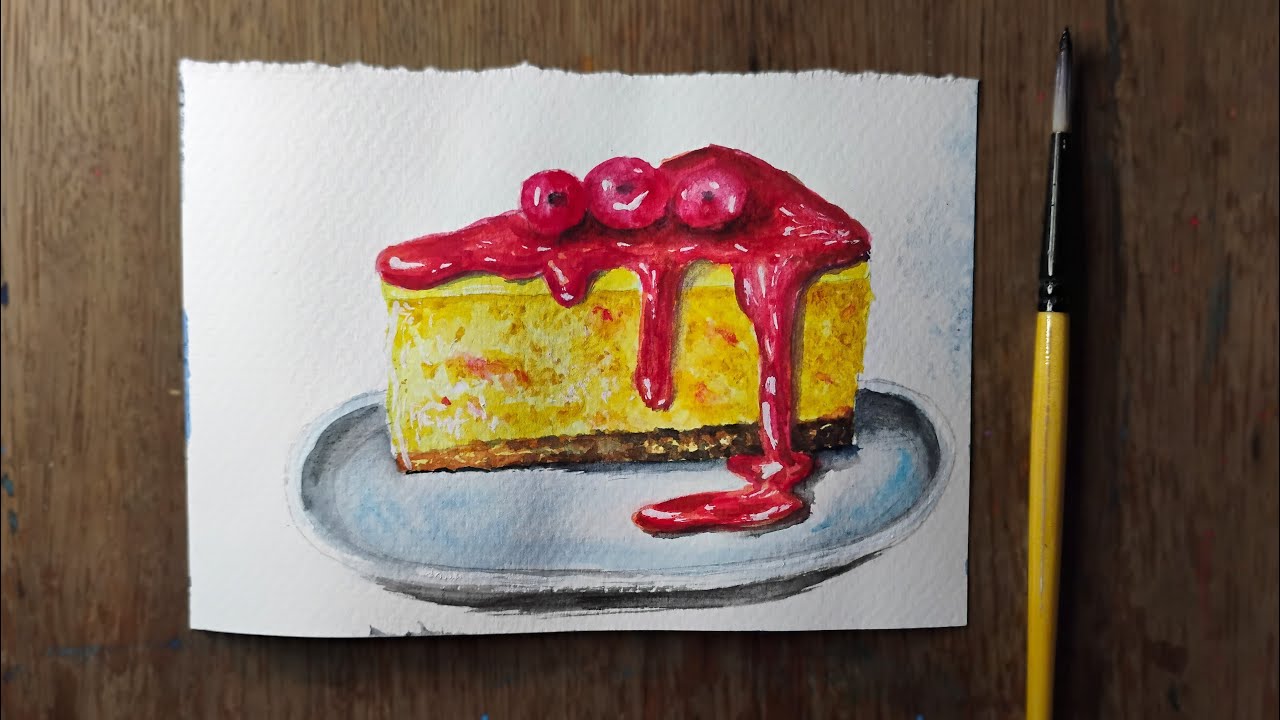 Cherry cheese cake painting | Watercolour Painting
