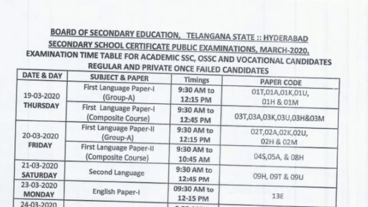 TS SSC TIME TABLE March-2020/TS  10TH CLASS TIME TABLE 2020/MARCH-2020